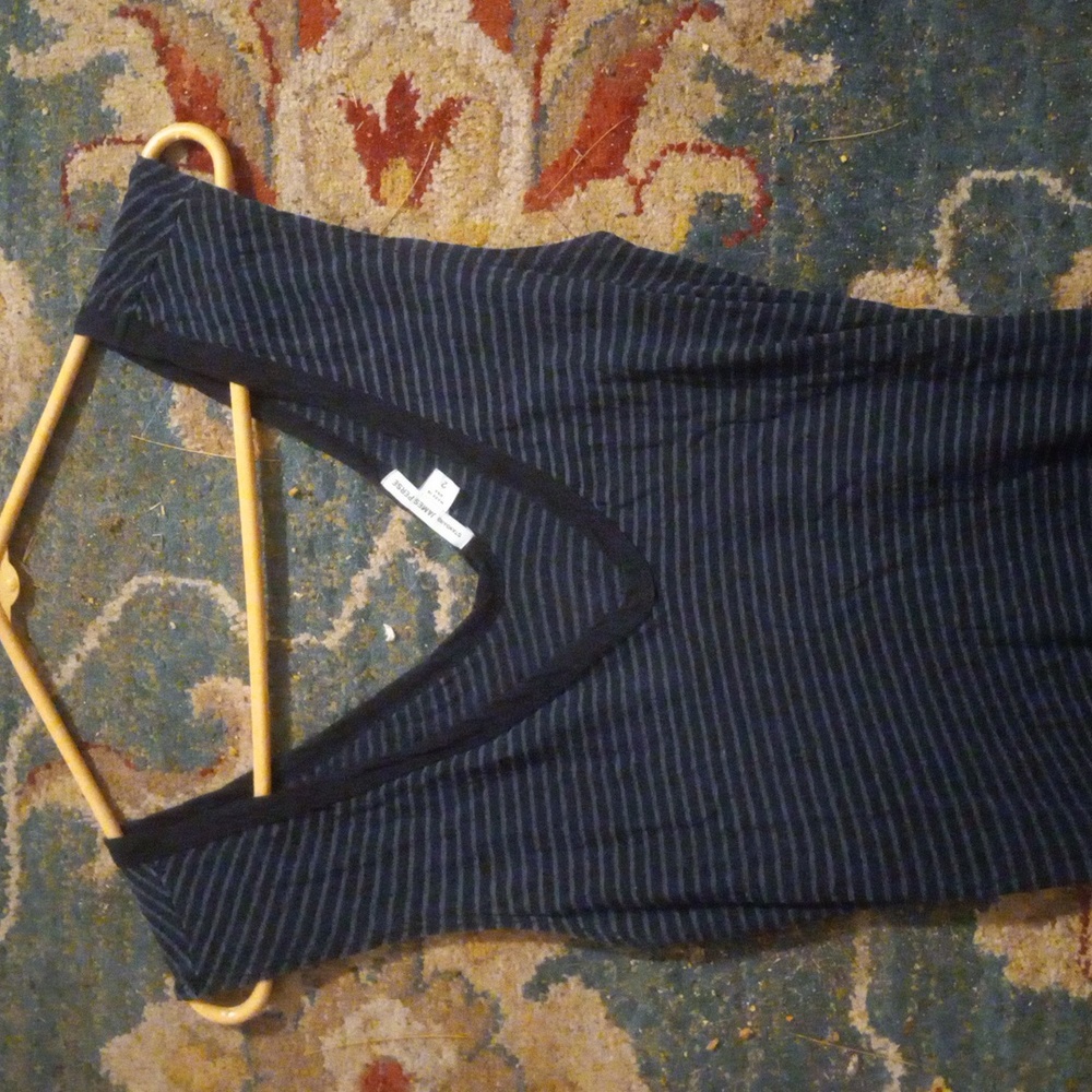 James Perse 100%Cotton Black/Blue Deep V Neck, Back, Tank Dress W/ Ruched Sides